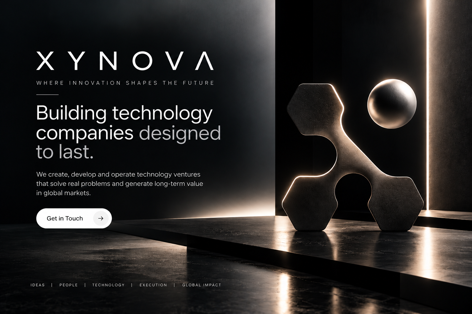 XYNOVA — Technology Company Builder. Building technology companies designed to last. Black and warm silver cinematic brand design.
